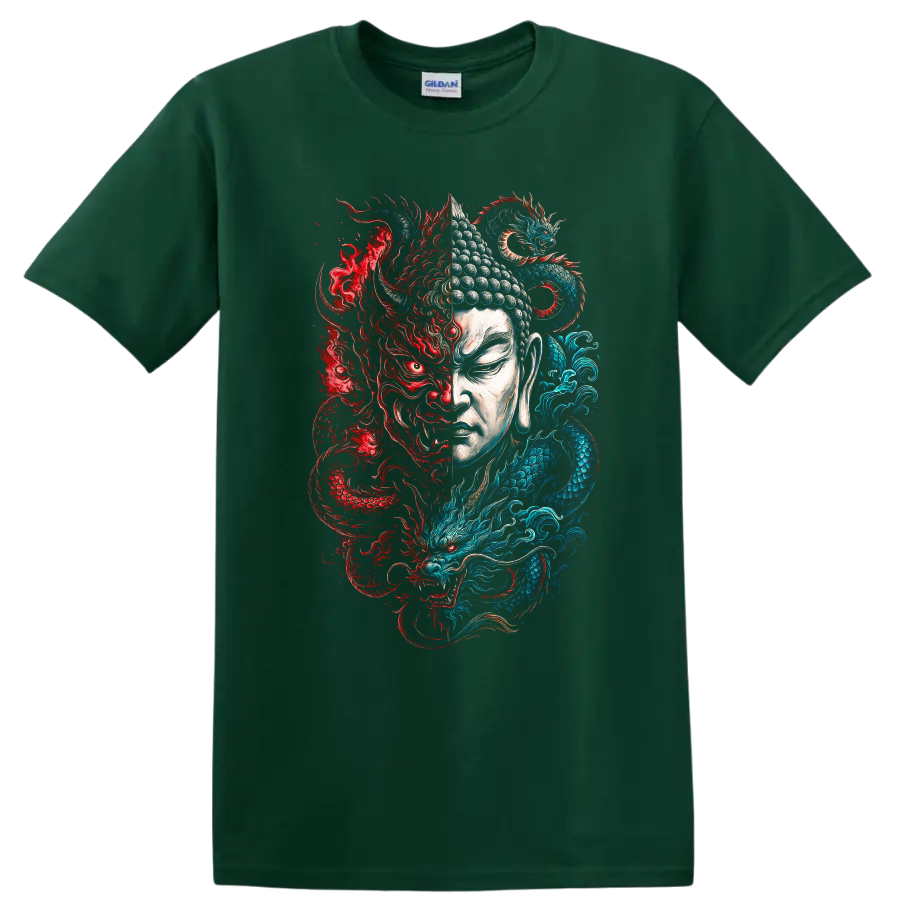Japanese Style Dragon Buddha T Shirt Red Blue Yin Yang Art - Forest Green