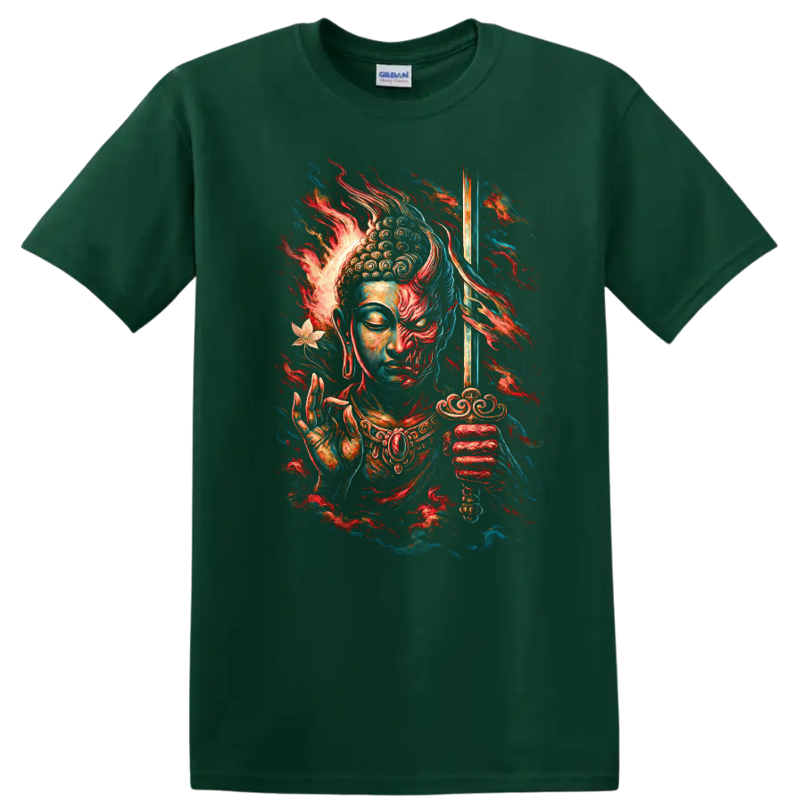 Japanese Style Buddha Samurai T Shirt Vibrant Zen Warrior Graphic - Forest Green