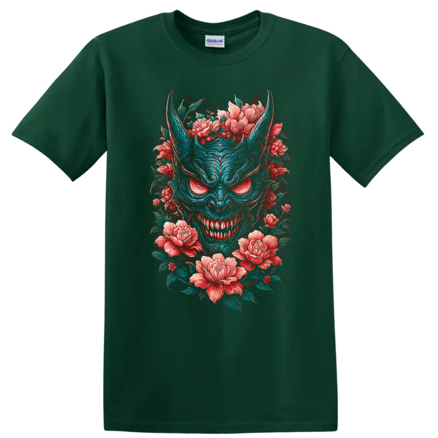 Japanese Oni Demon Mask with Floral Peonies T Shirt - Forest Green