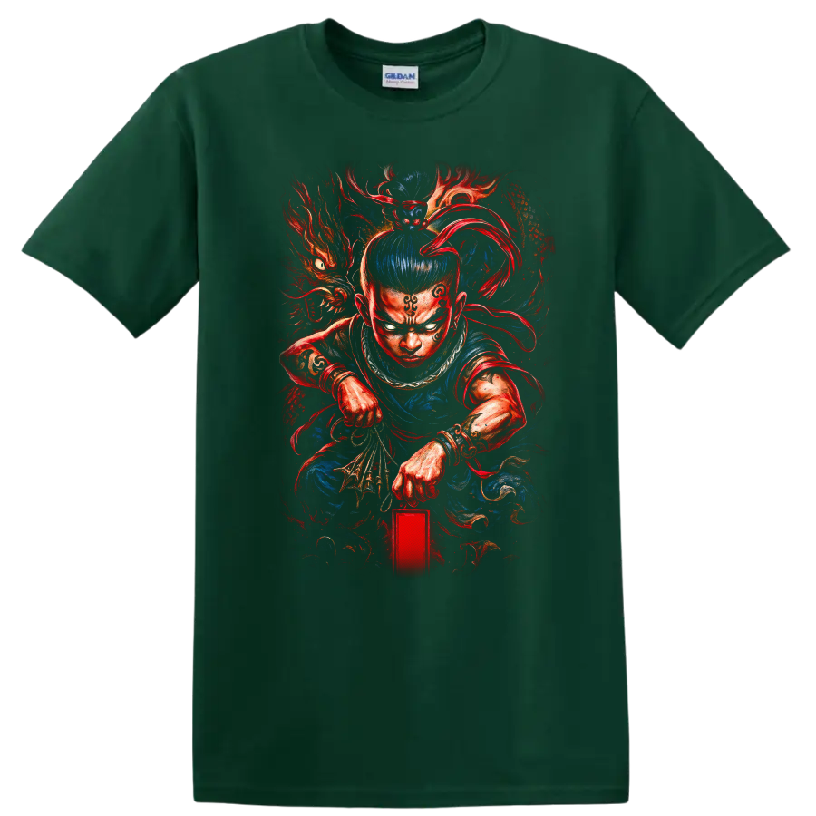 Japanese Warrior Dragon T Shirt Fierce Samurai Anime Style Art - Forest Green