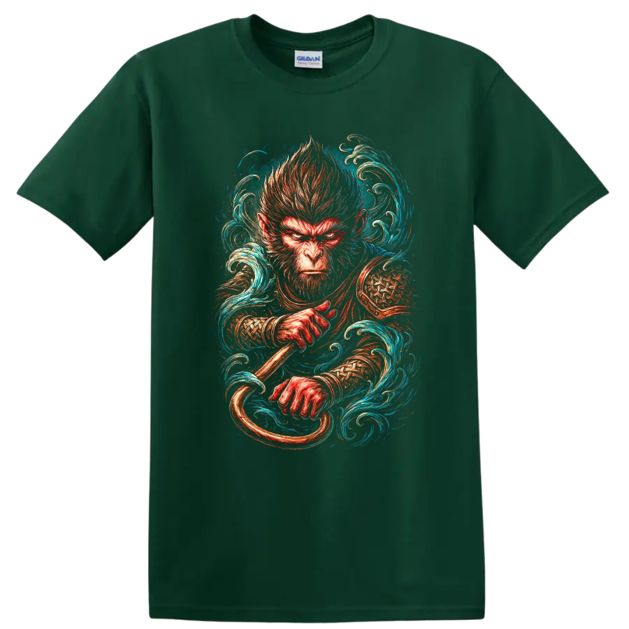 Japanese Style Monkey Warrior T Shirt, Fierce Warrior Art Tee - Forest Green