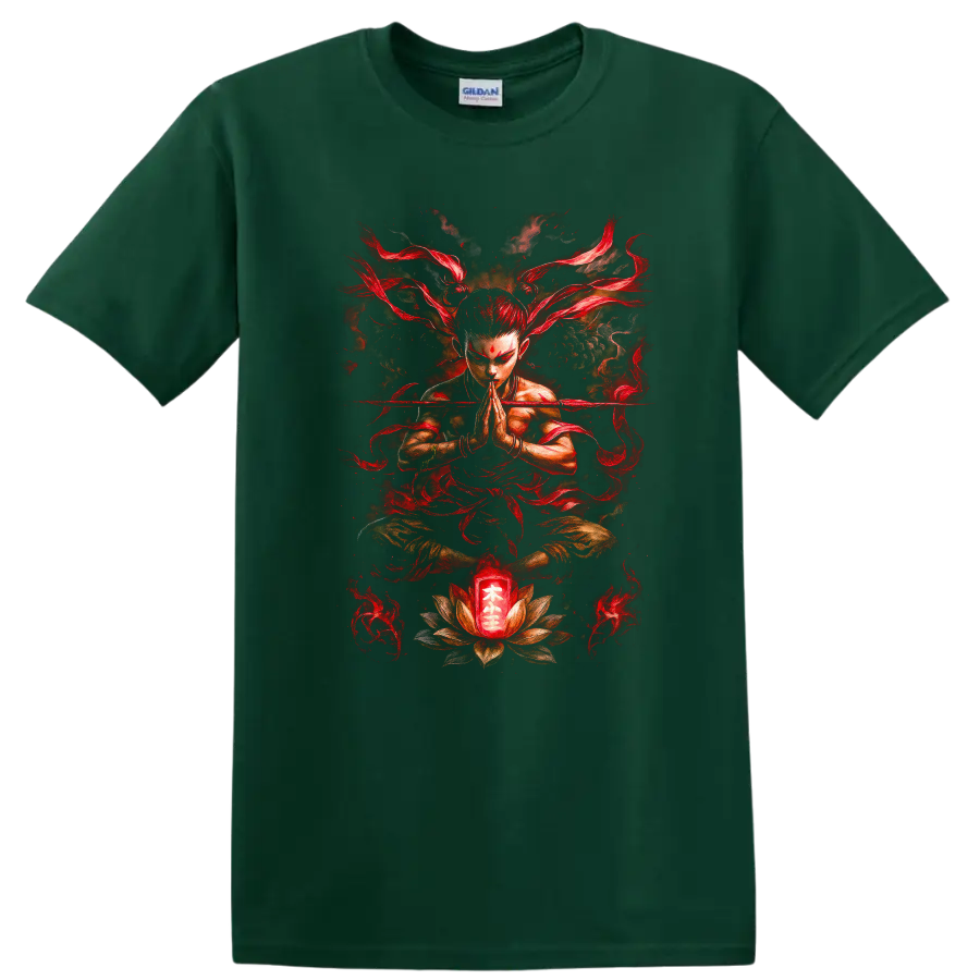 Japanese Meditation Warrior Red Flames T Shirt Zen Martial Art Design - Forest Green