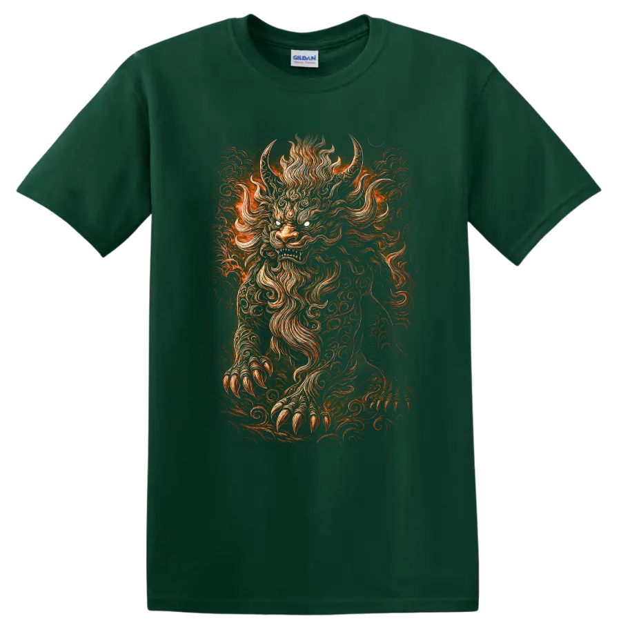 Japanese Style Oni Demon Mask Fire T Shirt for Bold Streetwear Fans - Forest Green