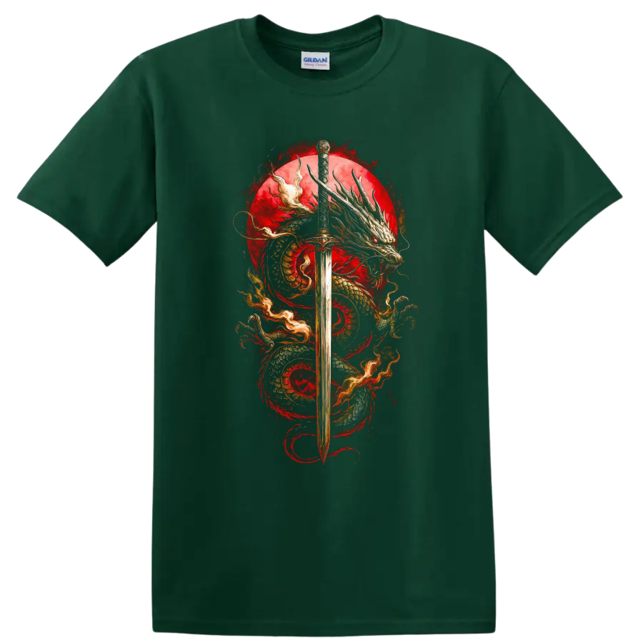 Japanese Dragon Sword Art T Shirt Bold Red Samurai Myth Design - Forest Green