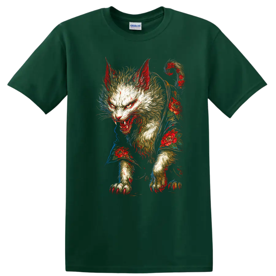 Japanese Style Fierce Cat Floral Art Graphic T Shirt - Forest Green