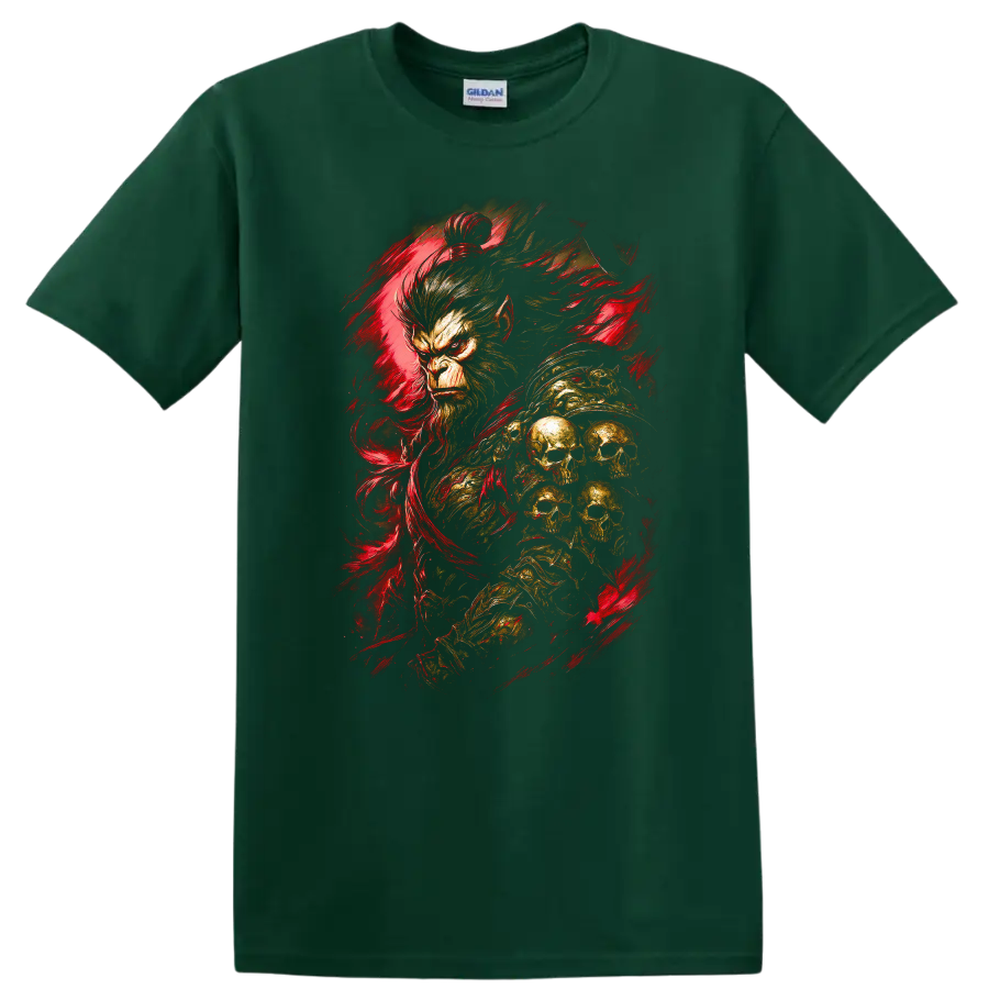 Japanese Style Monkey Skull Red Brushstroke T Shirt - Forest Green
