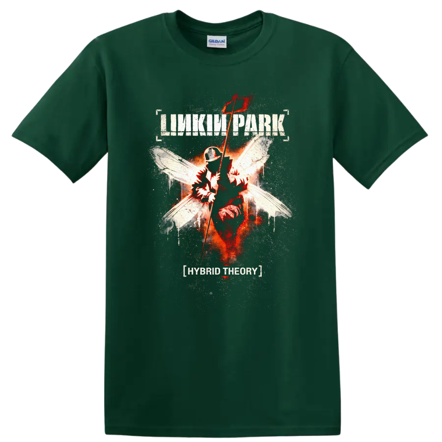 Linkin Park Hybrid Theory Vintage Classic Rock T Shirt on a Forest Green T Shirt