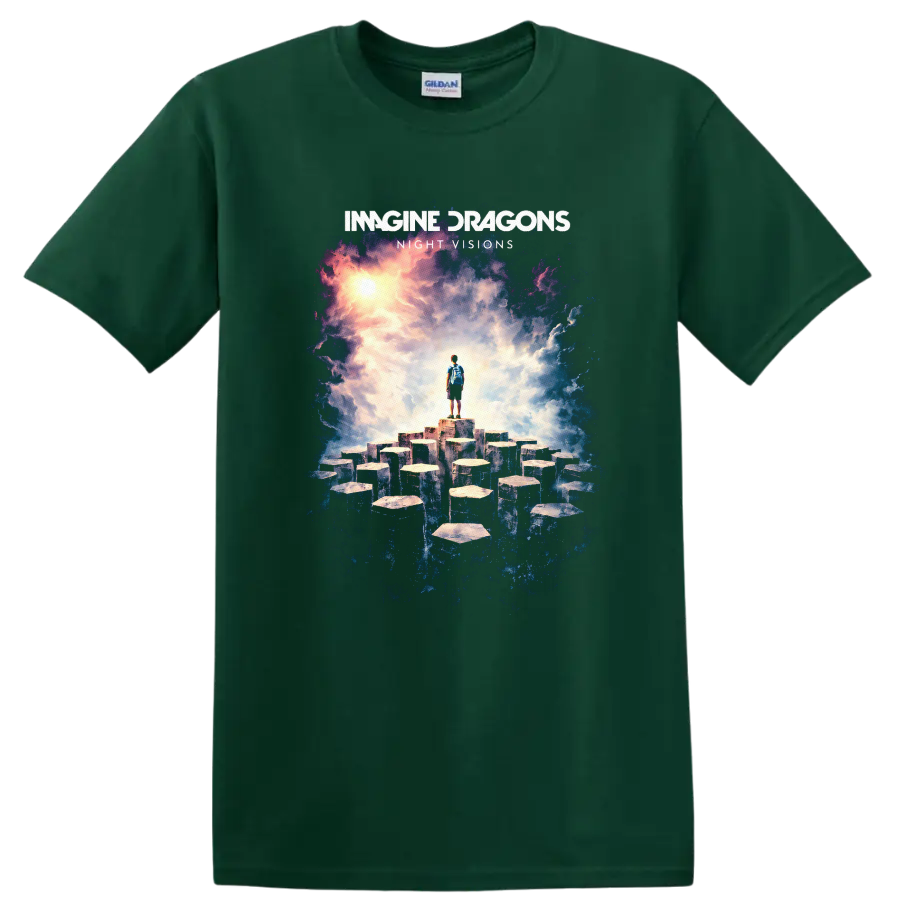Imagine Dragons Night Visions Vintage Album Art T Shirt on a Forest Green T Shirt