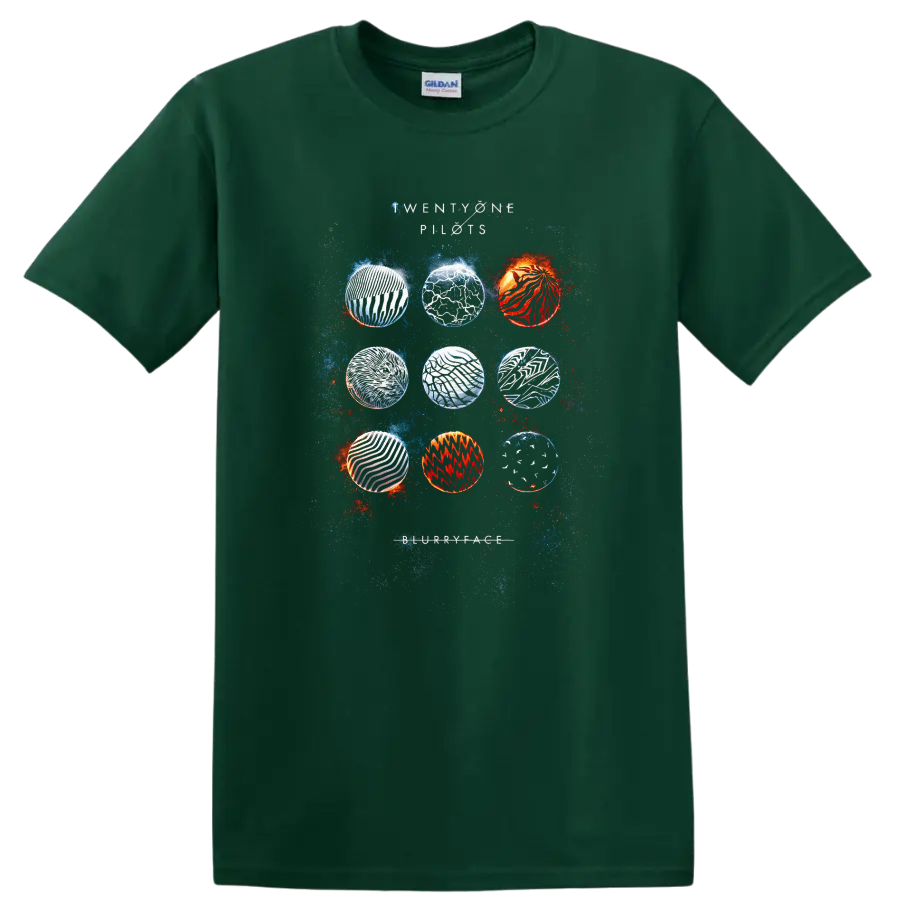 Vintage Classic Rock Album Cover Art T Shirt design inspired by Twenty One Pilots on a Forest Green T Shirt