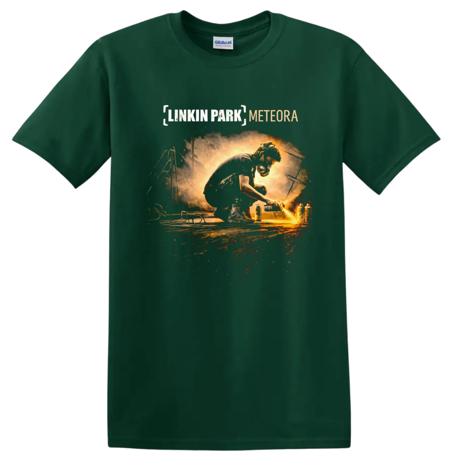 Linkin Park Meteora Vintage Classic Rock T Shirt on a Forest Green T Shirt