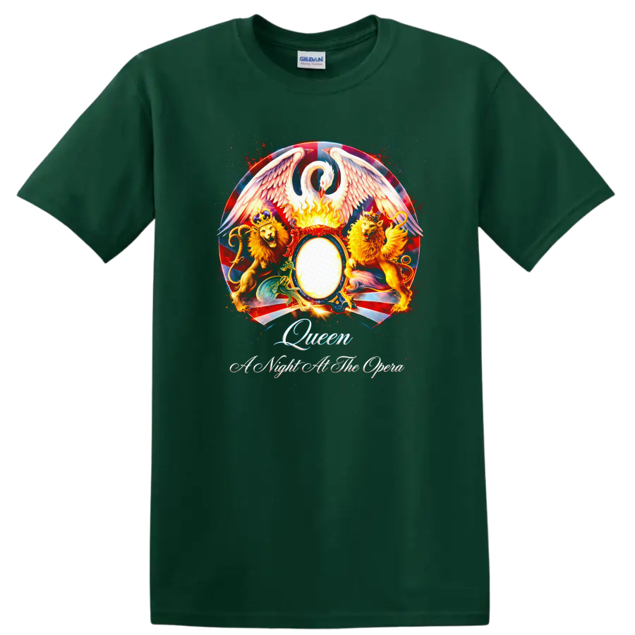 Queen Vintage Classic Rock Album Cover Art T Shirt on a Forest Green T Shirt