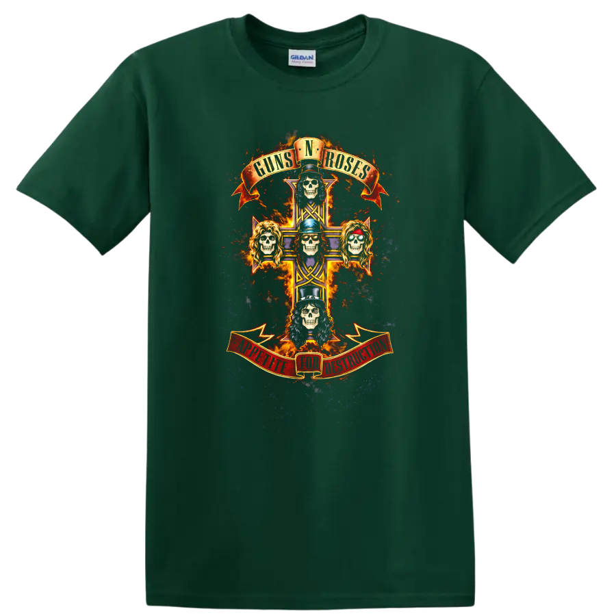 Guns N Roses Vintage Classic Rock Album Cover Art T Shirt on a Forest Green T Shirt