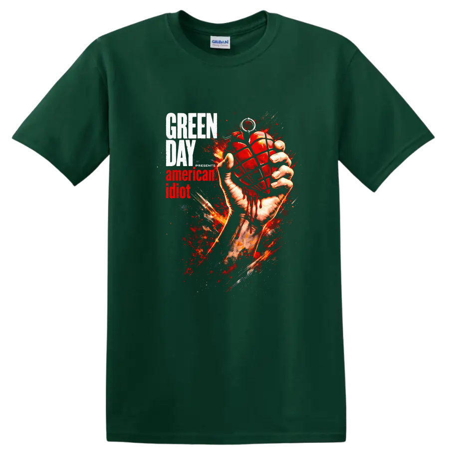 Green Day American Idiot Vintage Classic Rock T Shirt on a Forest Green T Shirt