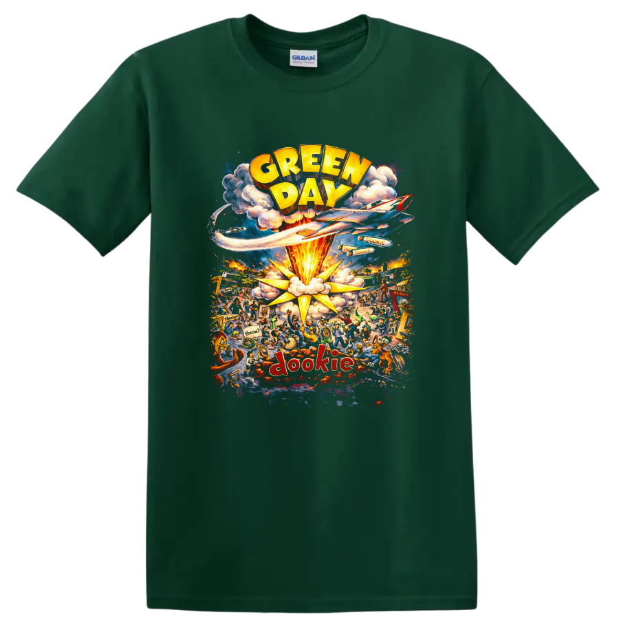 Green Day Dookie Vintage Classic Rock Album Cover Art T Shirt on a Forest Green T Shirt