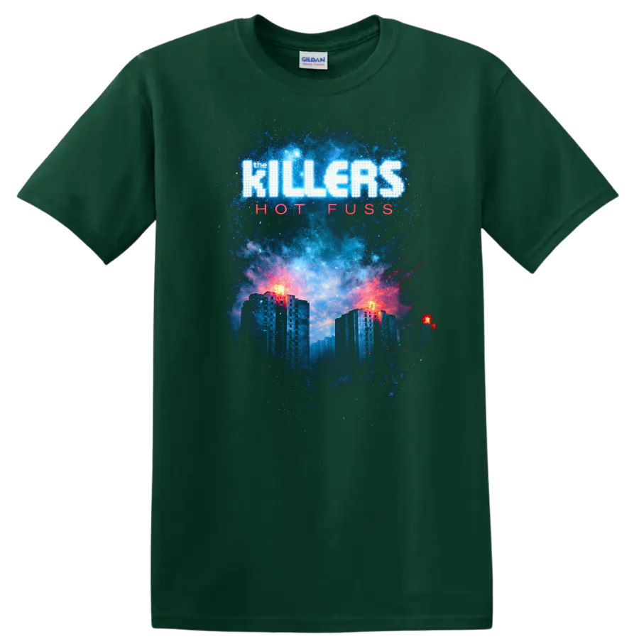 The Killers Hot Fuss Vintage Classic Rock T Shirt on a Forest Green T Shirt