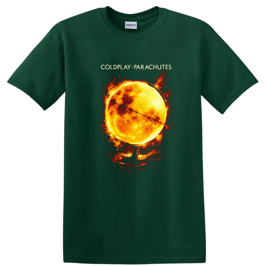 Coldplay Parachutes Vintage Classic Rock Album Cover T Shirt on a Forest Green T Shirt