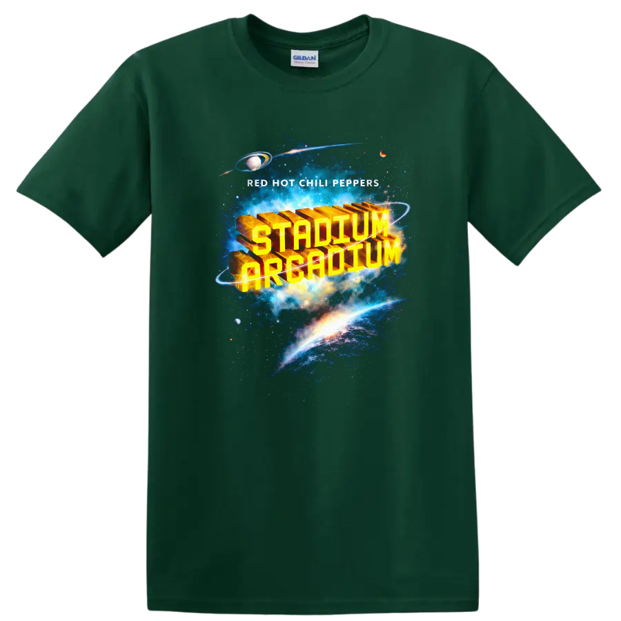 Vintage classic rock album cover art T Shirt featuring Red Hot Chili Peppers design on a Forest Green T Shirt