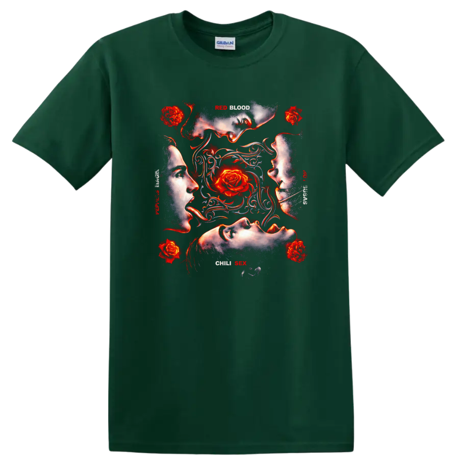 Vintage rock art T shirt design featuring faces and roses on a Forest Green T Shirt