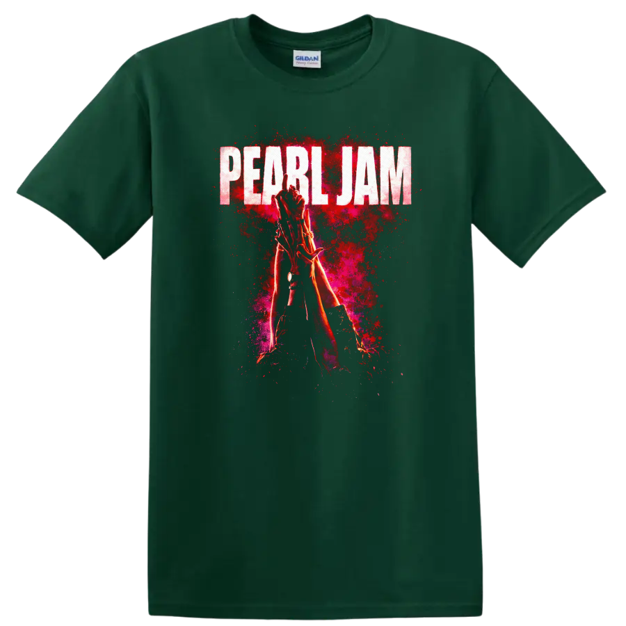Pearl Jam Vintage Classic Rock T Shirt on a Forest Green T Shirt