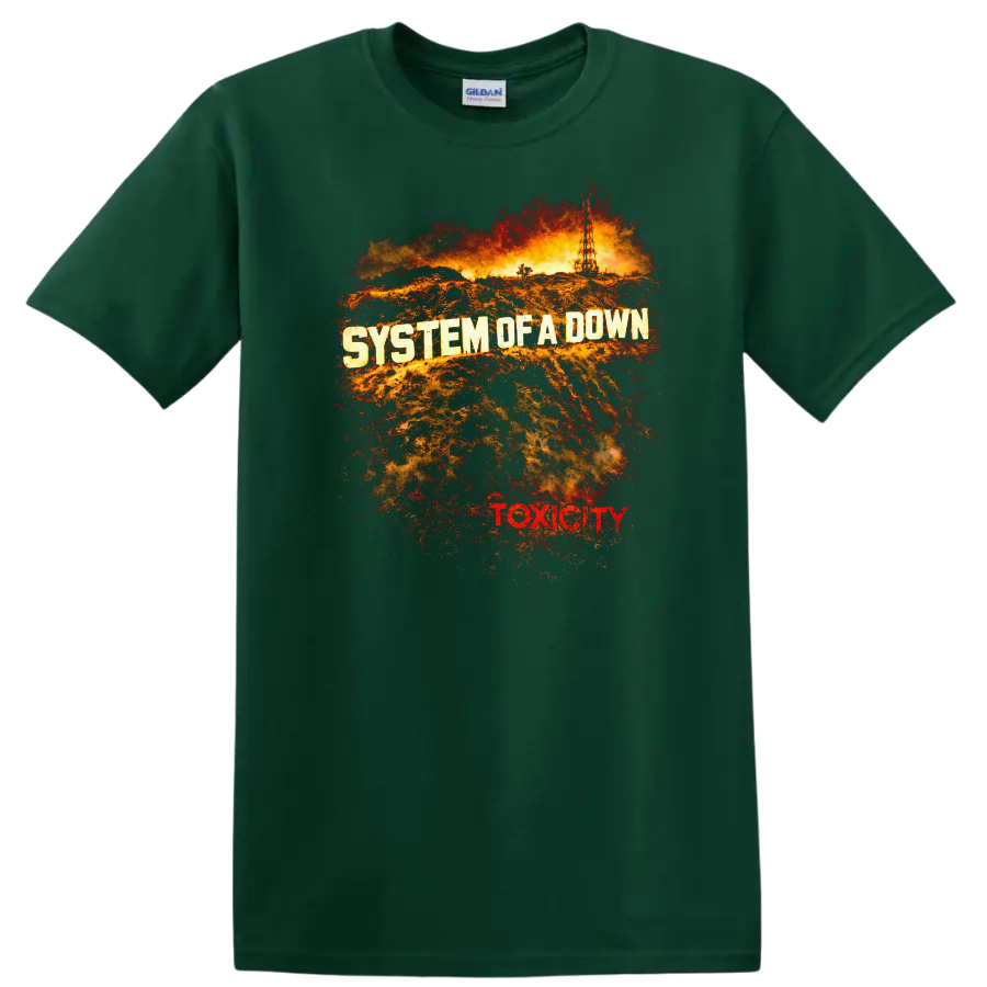 System of a Down Toxicity Vintage Classic Rock T Shirt on a Forest Green T Shirt