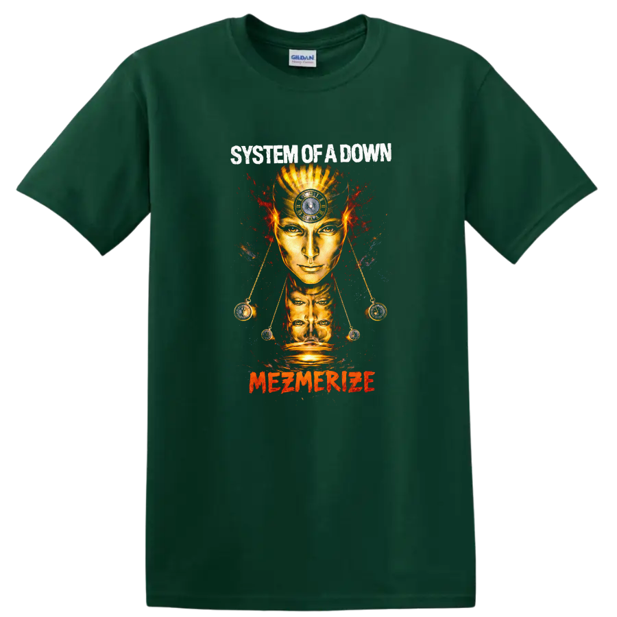 System of a Down Mezmerize Vintage Rock T Shirt on a Forest Green T Shirt