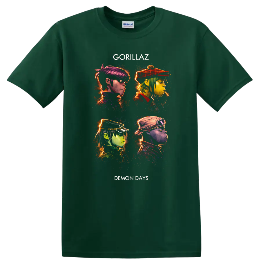 Gorillaz Demon Days Vintage Classic Rock Album Cover Art T Shirt - Forest Green