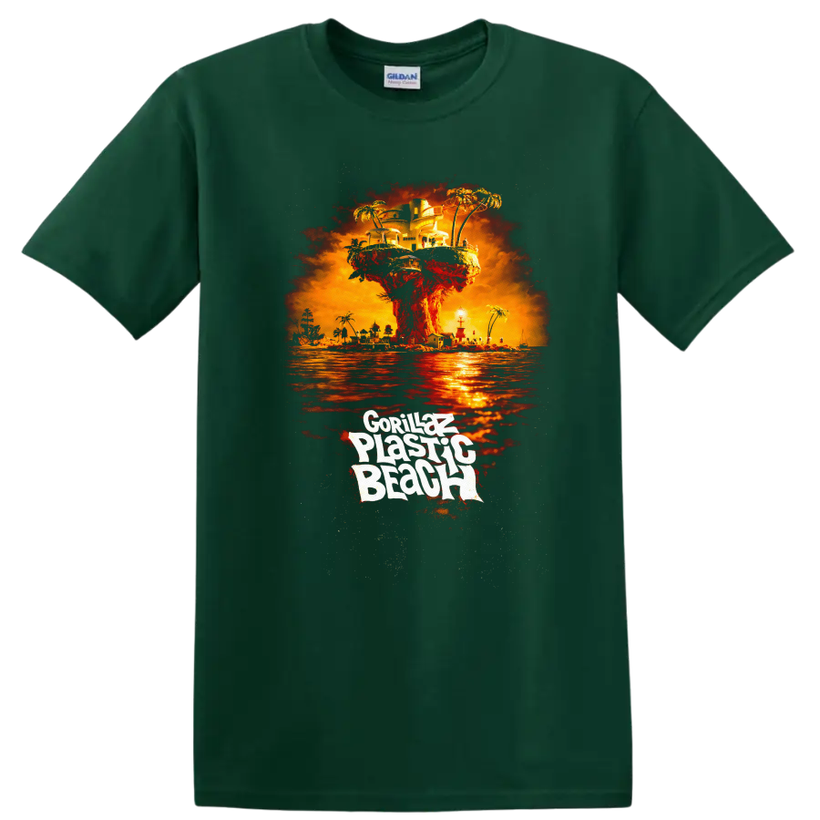 Gorillaz Plastic Beach Vintage Album Cover Art T Shirt - Forest Green