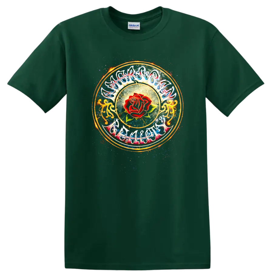 Vintage Classic Rock Album Cover Art Style T Shirt with Rose Design - Forest Green