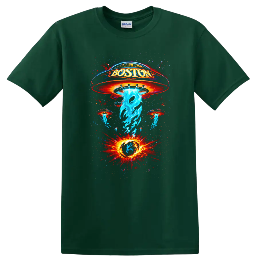 Boston Vintage Classic Rock Album Cover Art T Shirt - Forest Green