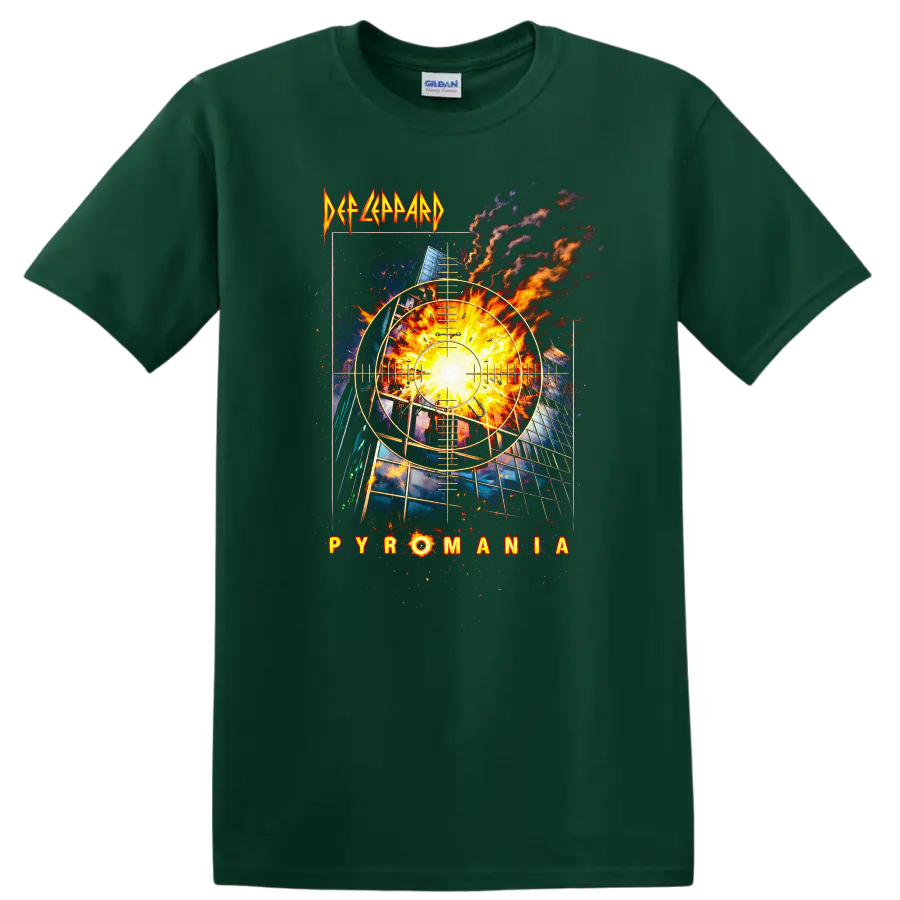 Def Leppard Pyromania Vintage Rock Album Cover T Shirt - Forest Green