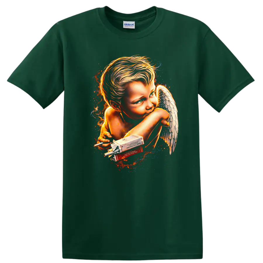 Vintage Classic Rock Angel T Shirt with Smoky Aesthetic - Forest Green