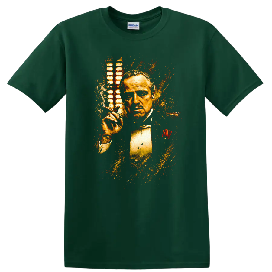 Vintage Cult Movie The Godfather Marlon Brando T Shirt on a Forest Green T Shirt