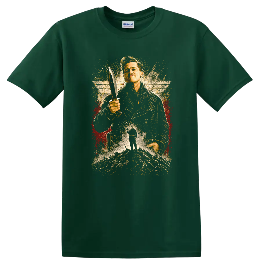 Inglourious Basterds Vintage Movie T Shirt Featuring Brad Pitt on a Forest Green T Shirt