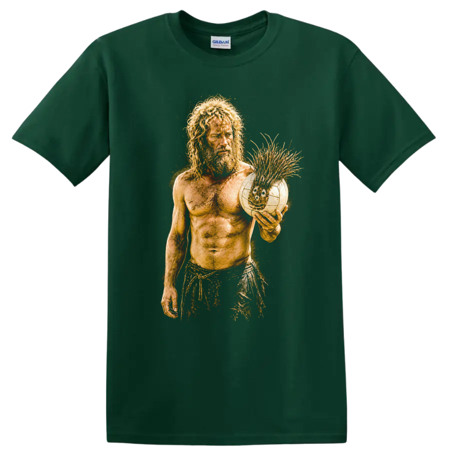 Vintage Cult Movie Cast Away Tom Hanks T Shirt on a Forest Green T Shirt