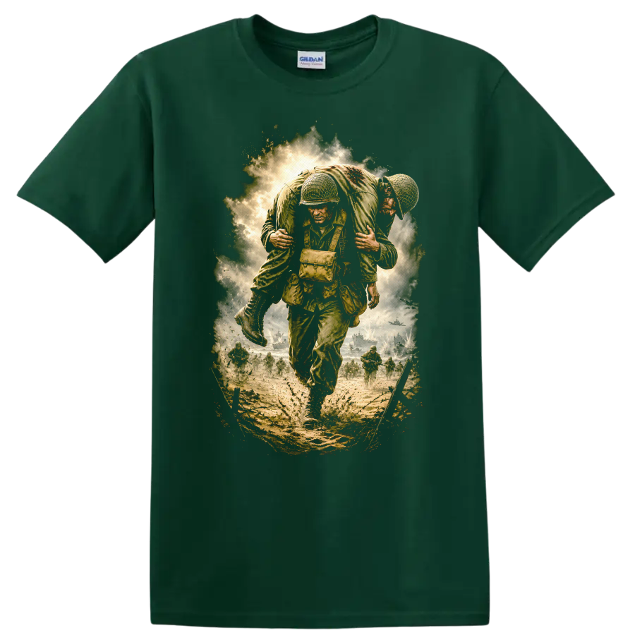Saving Private Ryan Vintage Movie T Shirt on a Forest Green T Shirt