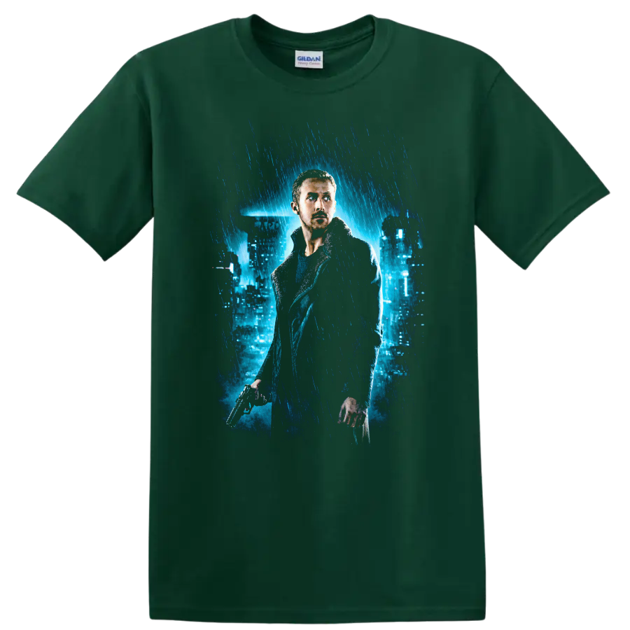 Blade Runner 2049 Vintage Cult Movie T Shirt on a Forest Green T Shirt
