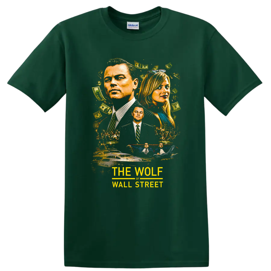 Vintage Cult Movie The Wolf of Wall Street T Shirt on a Forest Green T Shirt