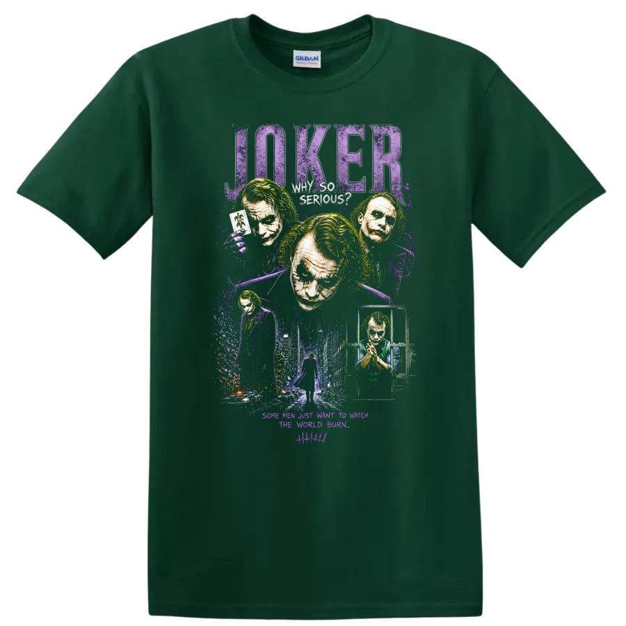 Joker Vintage Cult Movie Character Portrait Style T Shirt on a Forest Green T Shirt