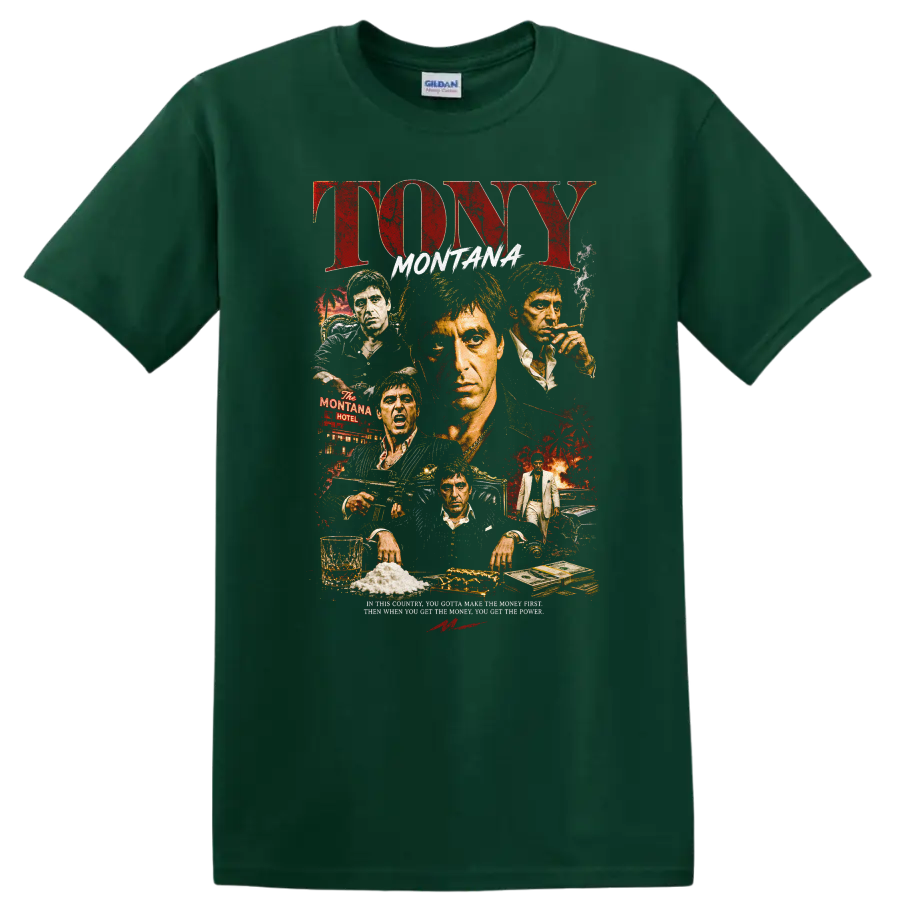Tony Montana Movie Art T Shirt Vintage Graphic Tee for Fans of Classic Films - Forest Green
