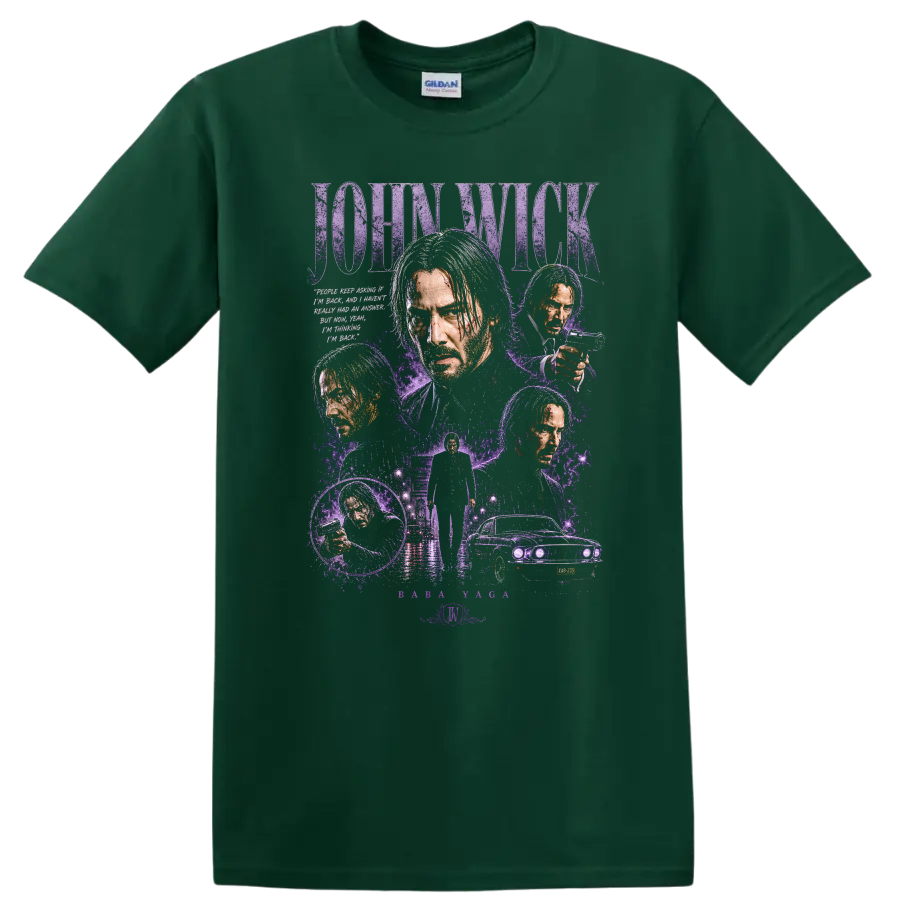 John Wick Vintage Cult Movie Character Portrait T Shirt on a Forest Green T Shirt