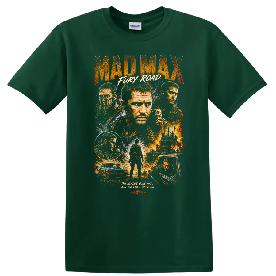 Mad Max Fury Road Vintage Movie Portrait T Shirt on a Forest Green T Shirt