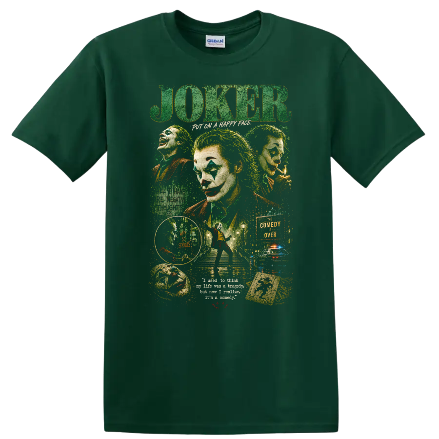 Joker Vintage Cult Movie Character Portrait T Shirt on a Forest Green T Shirt