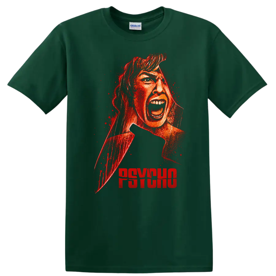 Psycho Vintage Cult Movie Character Portrait T Shirt on a Forest Green T Shirt