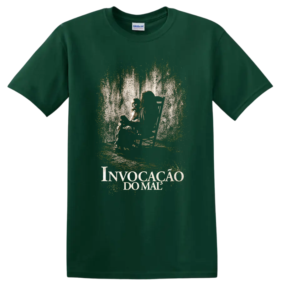 Annabelle doll portrait in a distressed vintage horror poster design with Invocação do on a Forest Green T Shirt