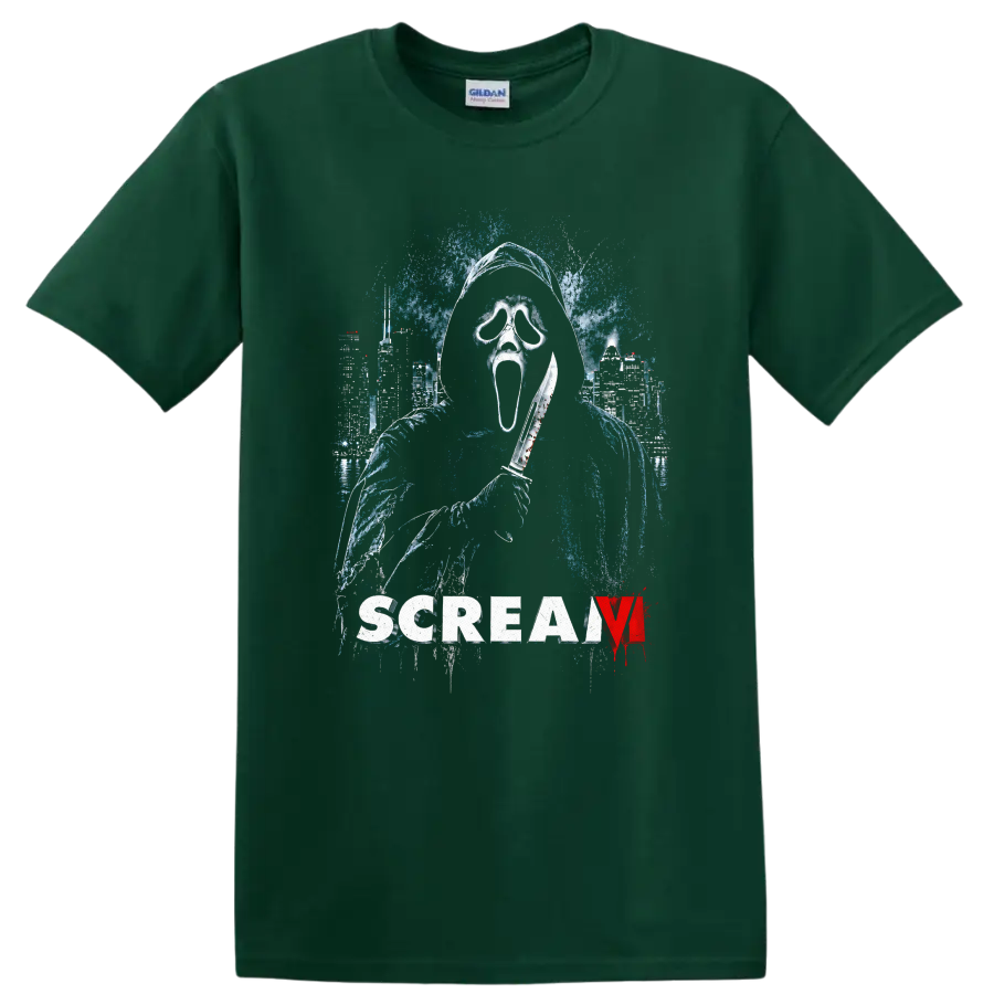 Scream VI Vintage Cult Movie Character T Shirt on a Forest Green T Shirt
