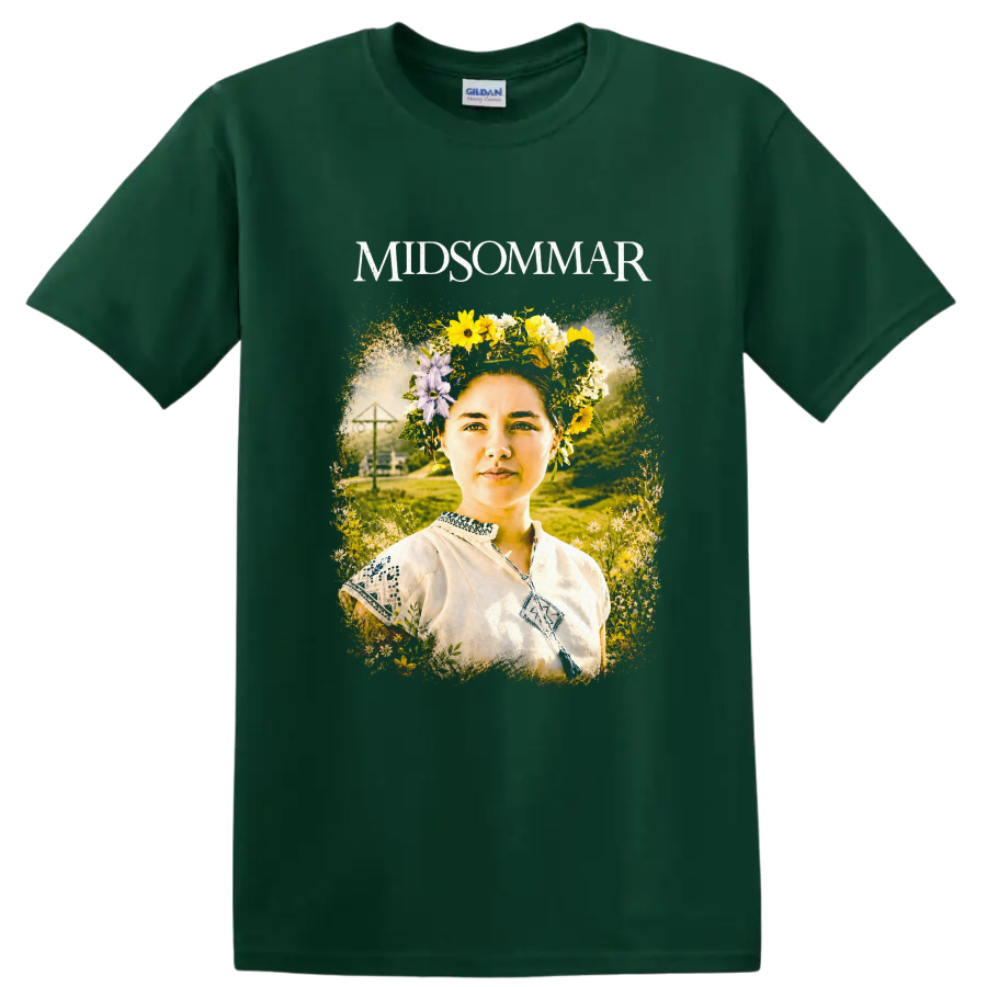 Midsommar Vintage Cult Movie Character Portrait T Shirt on a Forest Green T Shirt