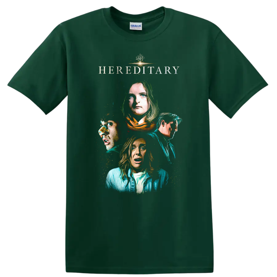 Hereditary Vintage Cult Movie Character Portrait Style T Shirt on a Forest Green T Shirt