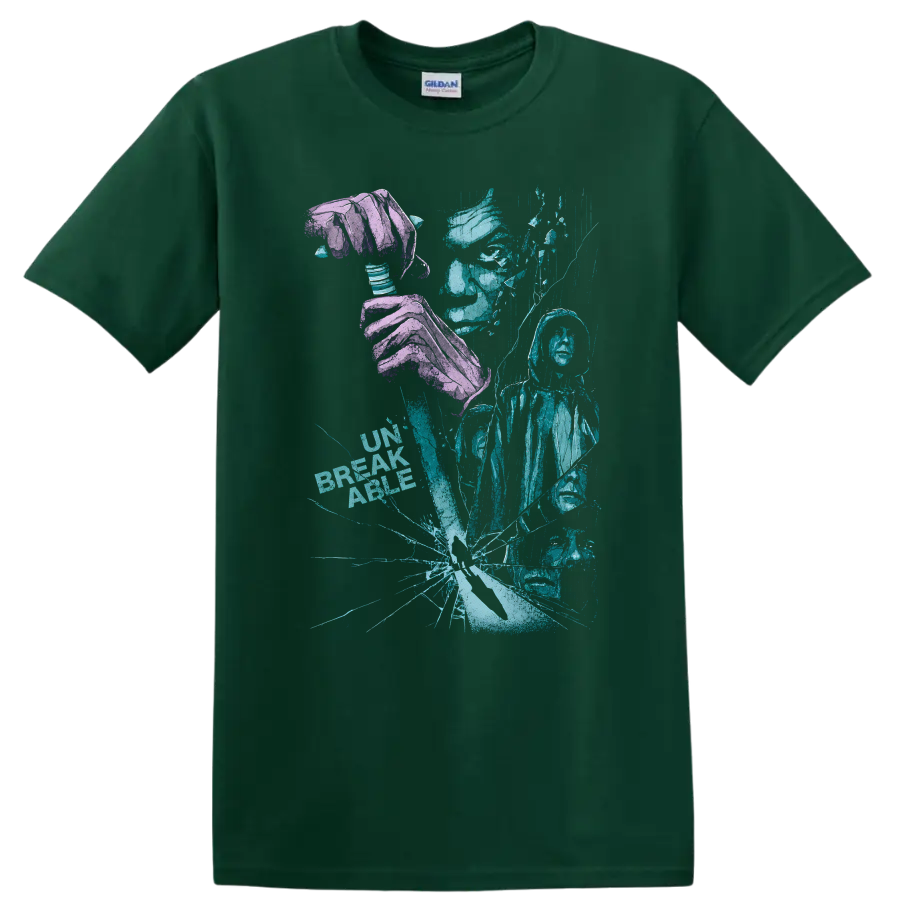 Vintage Cult Movie Unbreakable T Shirt Featuring Bruce Willis & Samuel L. Jackson on a Forest Green T Shirt