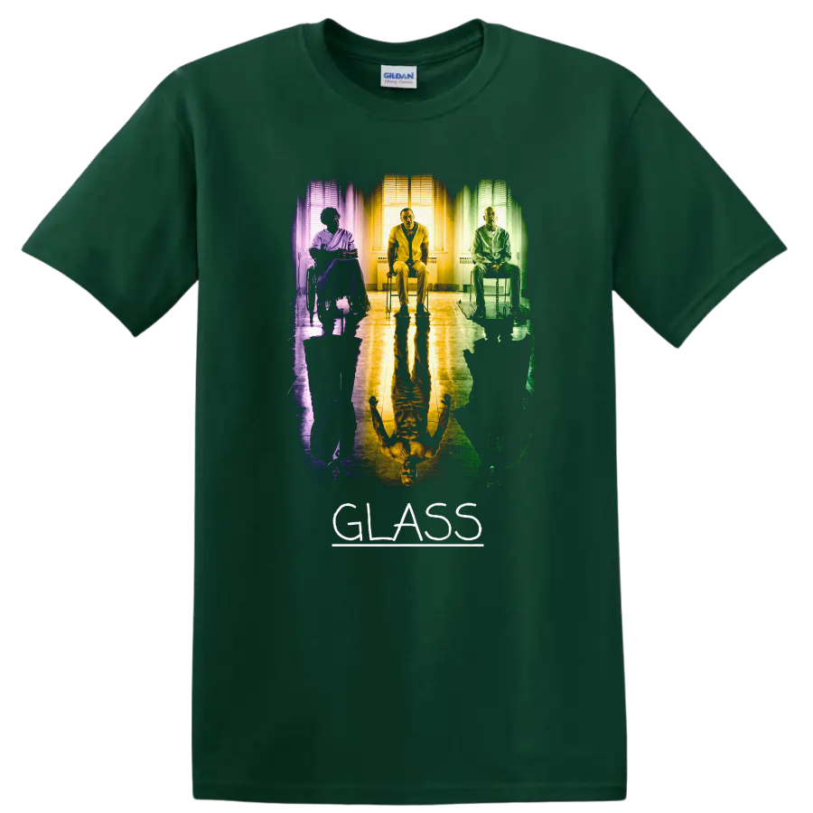 Vintage Cult Movie Glass T Shirt Featuring Bruce Willis & Samuel L. Jackson on a Forest Green T Shirt