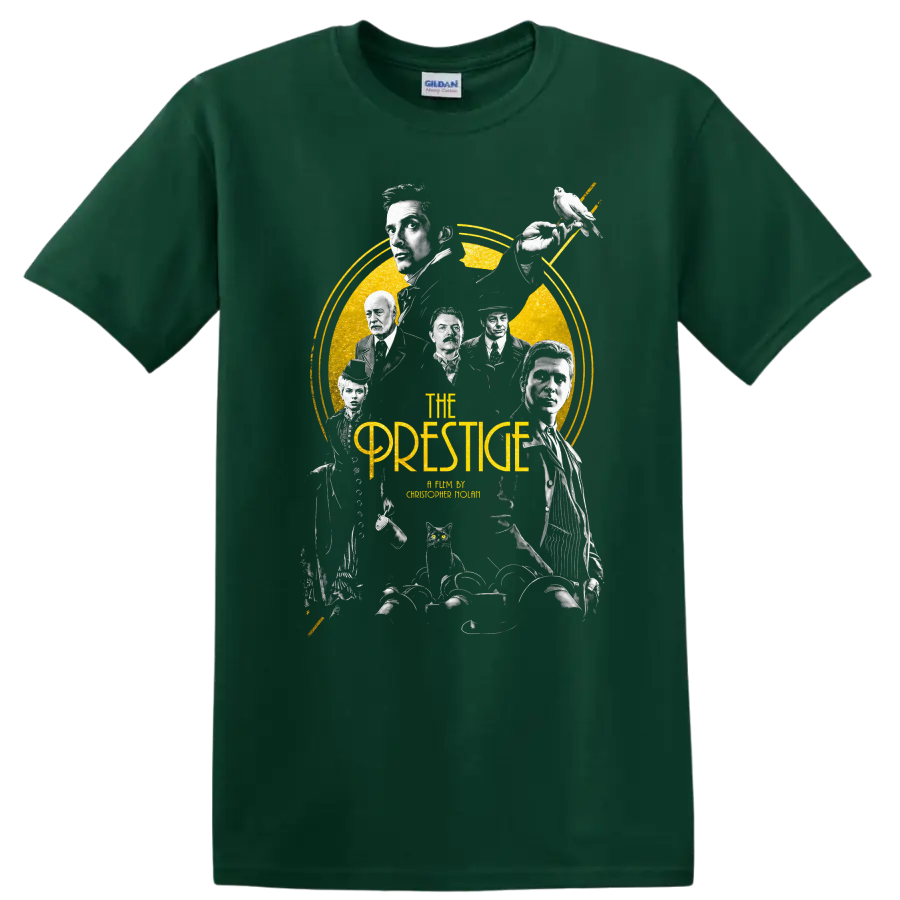 The Prestige Vintage Cult Movie Character Portrait T Shirt on a Forest Green T Shirt